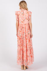 Peach Floral Chiffon Ruffle Shoulder Tiered Maxi Dress