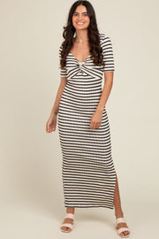 Ivory Black Striped Knit Short Sleeve Maxi Dress