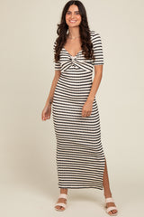 Ivory Black Striped Knit Short Sleeve Maternity Maxi Dress