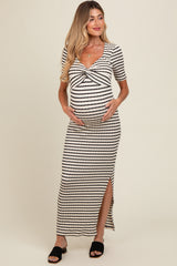 Ivory Black Striped Knit Short Sleeve Maternity Maxi Dress