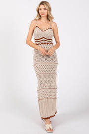 Beige Contrast Trim Crochet Maxi Swim Cover Up