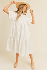 White Tiered Button Down Maternity Midi Dress