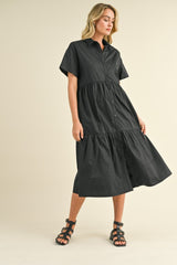 Black Tiered Button Down Midi Dress