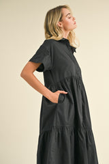 Black Tiered Button Down Midi Dress