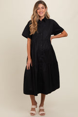 Black Tiered Button Down Maternity Midi Dress