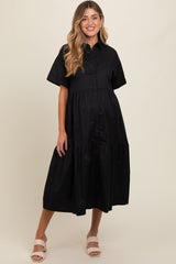 Black Tiered Button Down Maternity Midi Dress