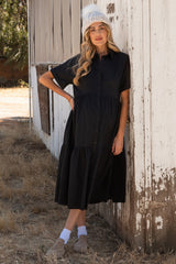 Black Tiered Button Down Maternity Midi Dress