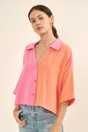 Bubble Gum Color Block Crinkle Cotton Raw Edge Hem Shirt