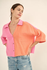 Bubble Gum Color Block Crinkle Cotton Raw Edge Hem Shirt