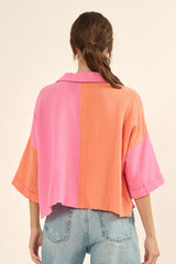 Bubble Gum Color Block Crinkle Cotton Raw Edge Hem Shirt