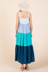 Blue Tiered Colorblock Maxi Dress