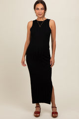 Black Sleeveless Knit Side Slit Maternity Midi Dress