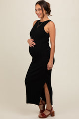 Black Sleeveless Knit Side Slit Maternity Midi Dress