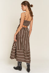 Brown Striped Back Cutout Dress