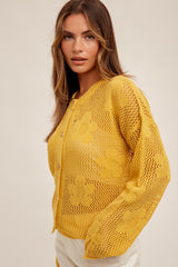 Yellow Floral Open-Stitch Sweater Cardigan