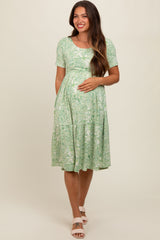 Light Olive Floral Tiered Maternity Midi Dress