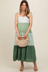 Green Striped Color Block Back Bow Maternity Midi Dress