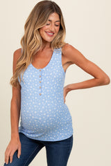 Blue Floral Ribbed Henley Maternity Tank Top