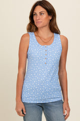 Blue Floral Ribbed Henley Tank Top