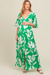 Green Floral Double V-Neck Front Slit Maternity Maxi Dress