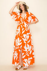 Orange Floral Double V-Neck Front Slit Maternity Maxi Dress