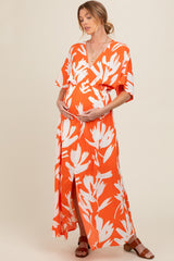 Orange Floral Double V-Neck Front Slit Maternity Maxi Dress