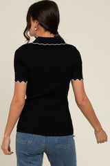 Black Ribbed Scallop Trim Split V-Neck Short Sleeve Top