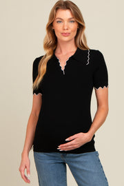 Black Ribbed Scallop Trim Split V-Neck Short Sleeve Maternity Top