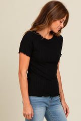 Black Ruffle Trim Ribbed Top