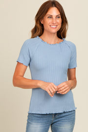 Blue Ruffle Trim Ribbed Top