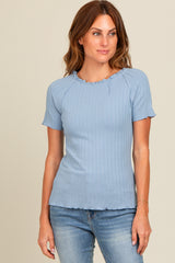 Blue Ruffle Trim Ribbed Top