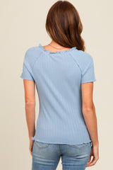 Blue Ruffle Trim Ribbed Top