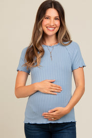 Blue Ruffle Trim Ribbed Maternity Top