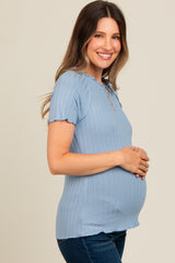 Blue Ruffle Trim Ribbed Maternity Top