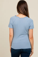 Blue Ruffle Trim Ribbed Maternity Top