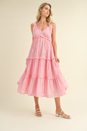 Pink Textured Tie Strap Tiered Midi Dress