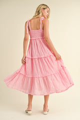 Pink Textured Tie Strap Tiered Midi Dress