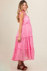 Pink Textured Tie Strap Tiered Maternity Midi Dress