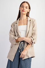 Beige Linen Rolled Cuff Blazer