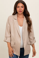 Beige Linen Rolled Cuff Maternity Blazer