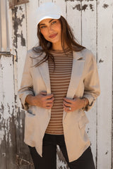 Beige Linen Rolled Cuff Maternity Blazer