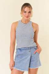 Navy Blue Striped High Neckline Tank