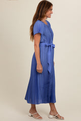 Blue Pleated Sash Tie Midi Dress