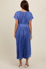 Blue Pleated Sash Tie Midi Dress