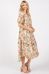 Cream Floral V-Neck Tiered Midi Dress