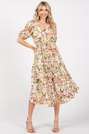 Cream Floral V-Neck Tiered Midi Dress