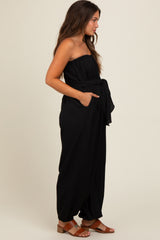 Black Strapless Sash Tie Maternity Jumpsuit