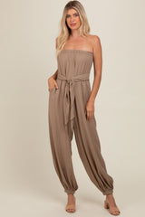 Mocha Strapless Sash Tie Maternity Jumpsuit