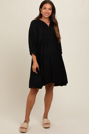 Black Printed Front Tie Maternity 3/4 Sleeve Dress