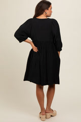 Black Printed Front Tie Maternity 3/4 Sleeve Dress